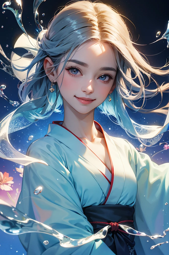 Smiling beautiful woman in a kimono holding a transparent glass of water close to her face