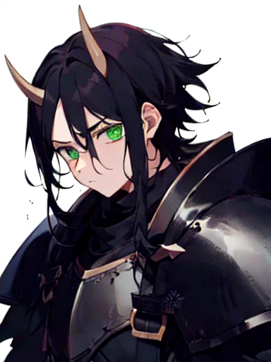 A boy has black hair that is a little light and messy., with bangs that fall slightly over his forehead. His green eyes are penetrating. He wears black armor with gray details., which accentuates his athletic and robust build. It has black horns.