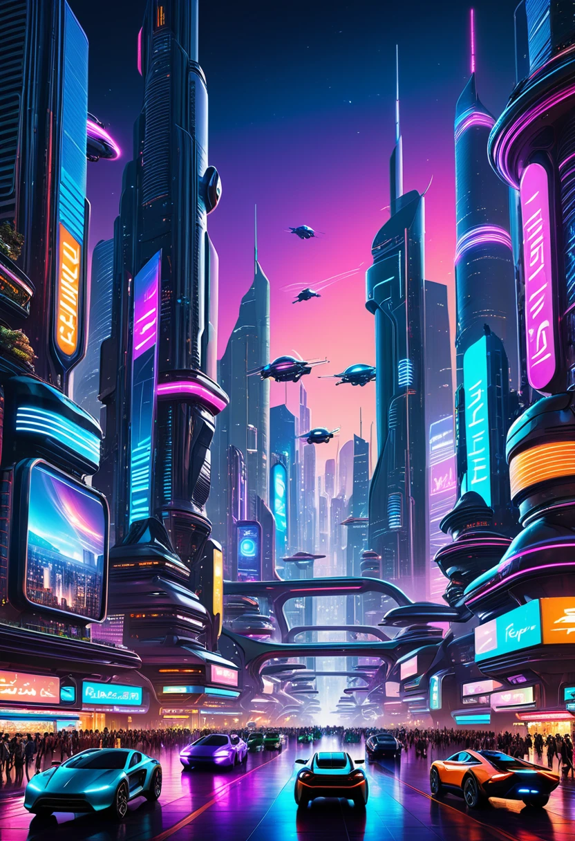 A bustling futuristic city with skyscrapers, flying cars, and neon lights illuminating the night.