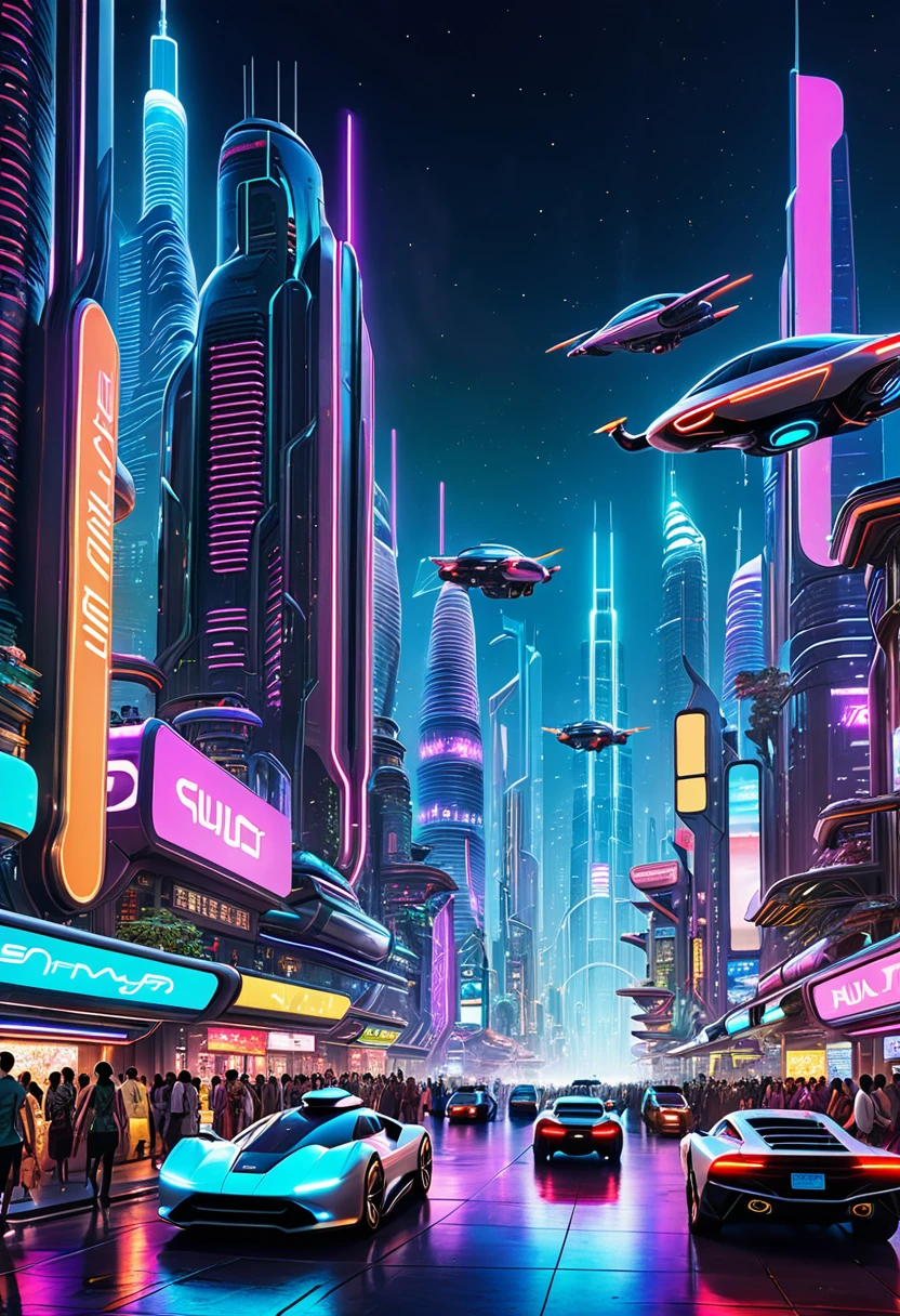 A bustling futuristic city with skyscrapers, flying cars, and neon lights illuminating the night.