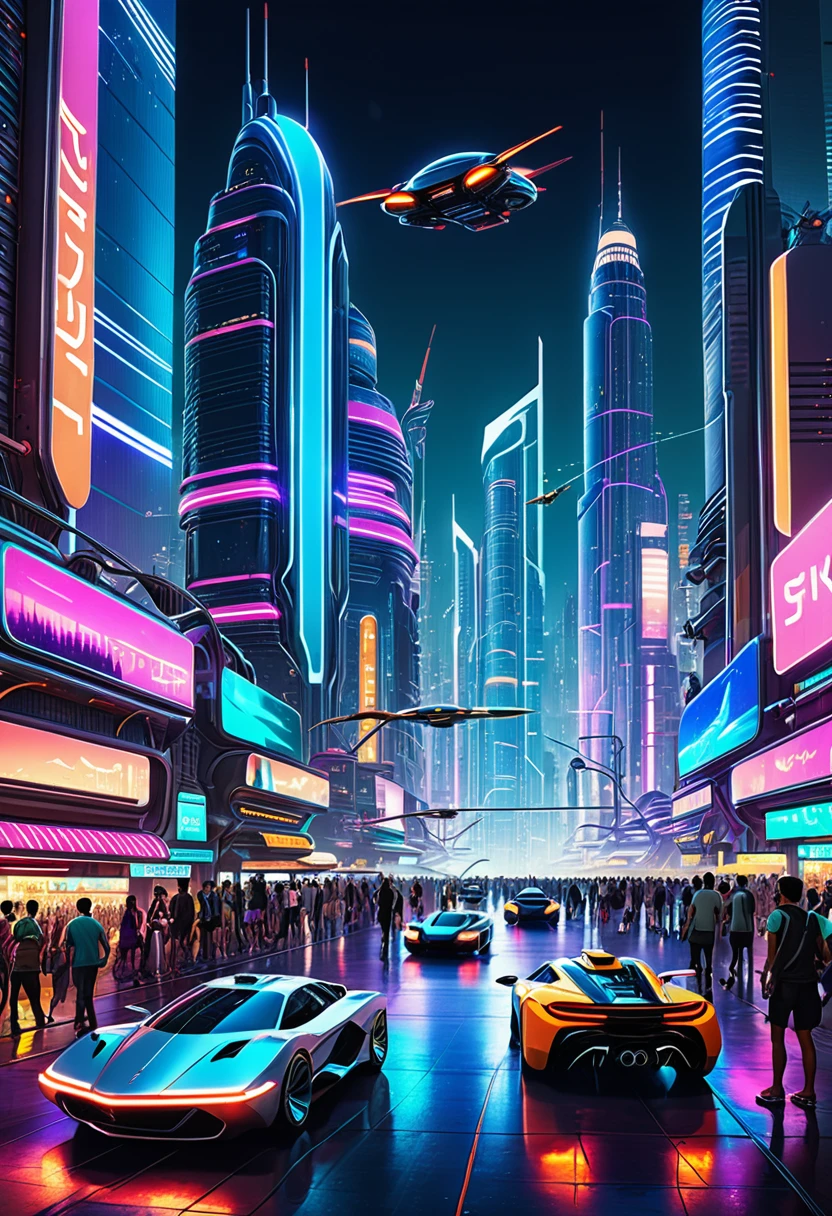 A bustling futuristic city with skyscrapers, flying cars, and neon lights illuminating the night.