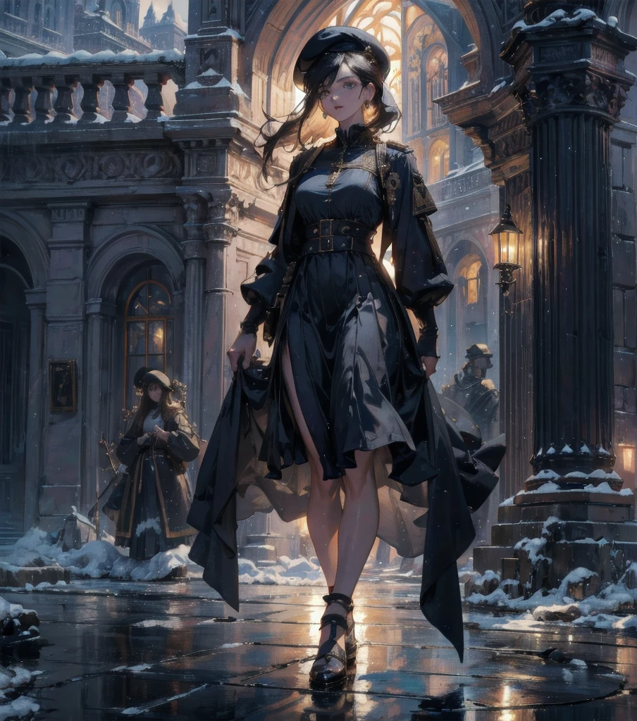 absurdres, RAW photo, extremely delicate and beautiful, masterpiece, Best Quality, ultra high resolution, 32k, hyperrealistic, ultra-detailed, Very detailed CG 8k wallpaper, detailed background, landscape, Beautiful Lighting, Perfect Lightning, Realistic Shadows, perfect anatomy, anatomically correct, ideal ratio body proportions, perfect figure, Perfect Style, Perfect balance, super Detailed skin, in her 30s, very Slim body, narrow waist, very small head, very small face, delicate facial features, handsome detailed woman, very detailed eyes and face, realistic face proportions, Realistic beautiful face, Realistic beautiful eyes, tearful mole, earring, whole body shot, very huge round tits, medium hair, asymmetrical hair, wavy hair, outdoor, beret, skirt, military uniform,
