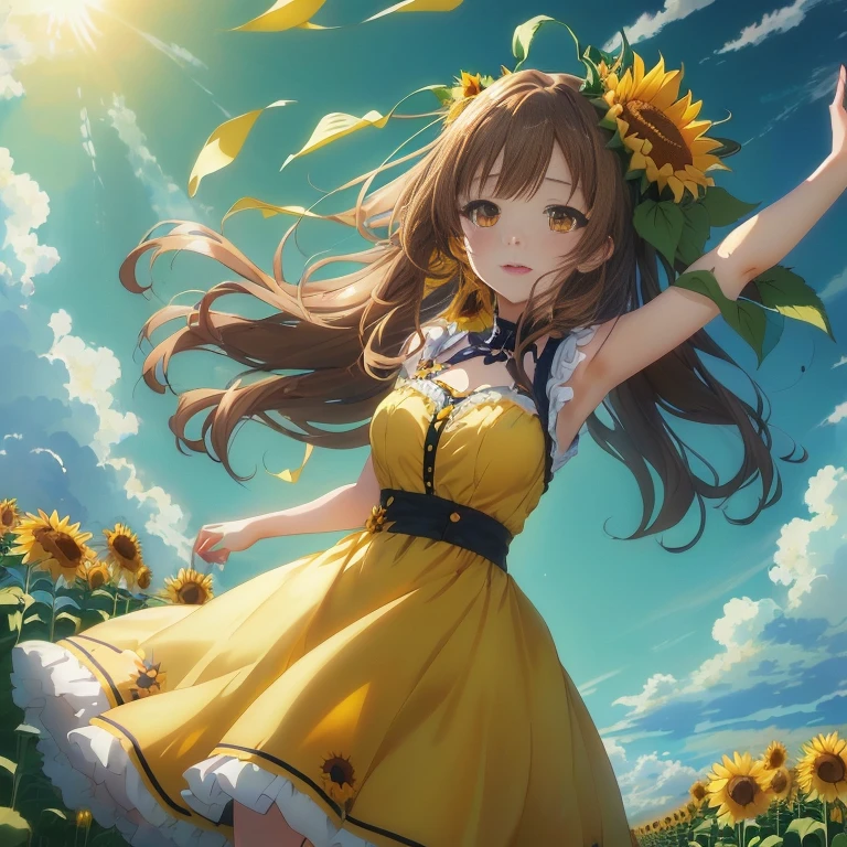 anime girl in yellow dress with sunflowers in her hair, beautiful sunflower anime girl, anime moe artstyle, anime visual of a cute girl, official anime artwork, scene: sunflower field, scene : sunflower field, anime style 4 k, beautiful anime, high quality anime artstyle, 4k anime wallpaper, official artwork, anime wallaper, hd anime wallaper