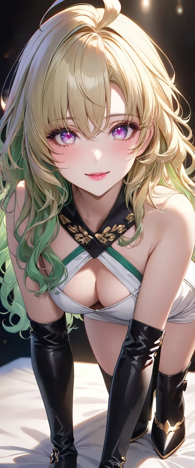 nsfw, (Perfect Anatomy)、Mastepiece、Ultra High Quality、 8k、masterpiece、Highest quality、Ultra-high resolution、Maximum resolution、Very detailed、Professional Lighting、anime、woman、thin、Very beautiful face、Very beautiful eyes、(Highly detailed eye)、Highly detailed face、Blonde, (ahoge), wavy hair, Pink eyes, (gold hair green dip-dye hair), stomach cutout, thigh boots, high heels, white mini pencil skirt, white off shoulder, makeup, eyeliner, eye shadow, pink cheek, pink lips, smile, full body, T-back, (((all fours))),