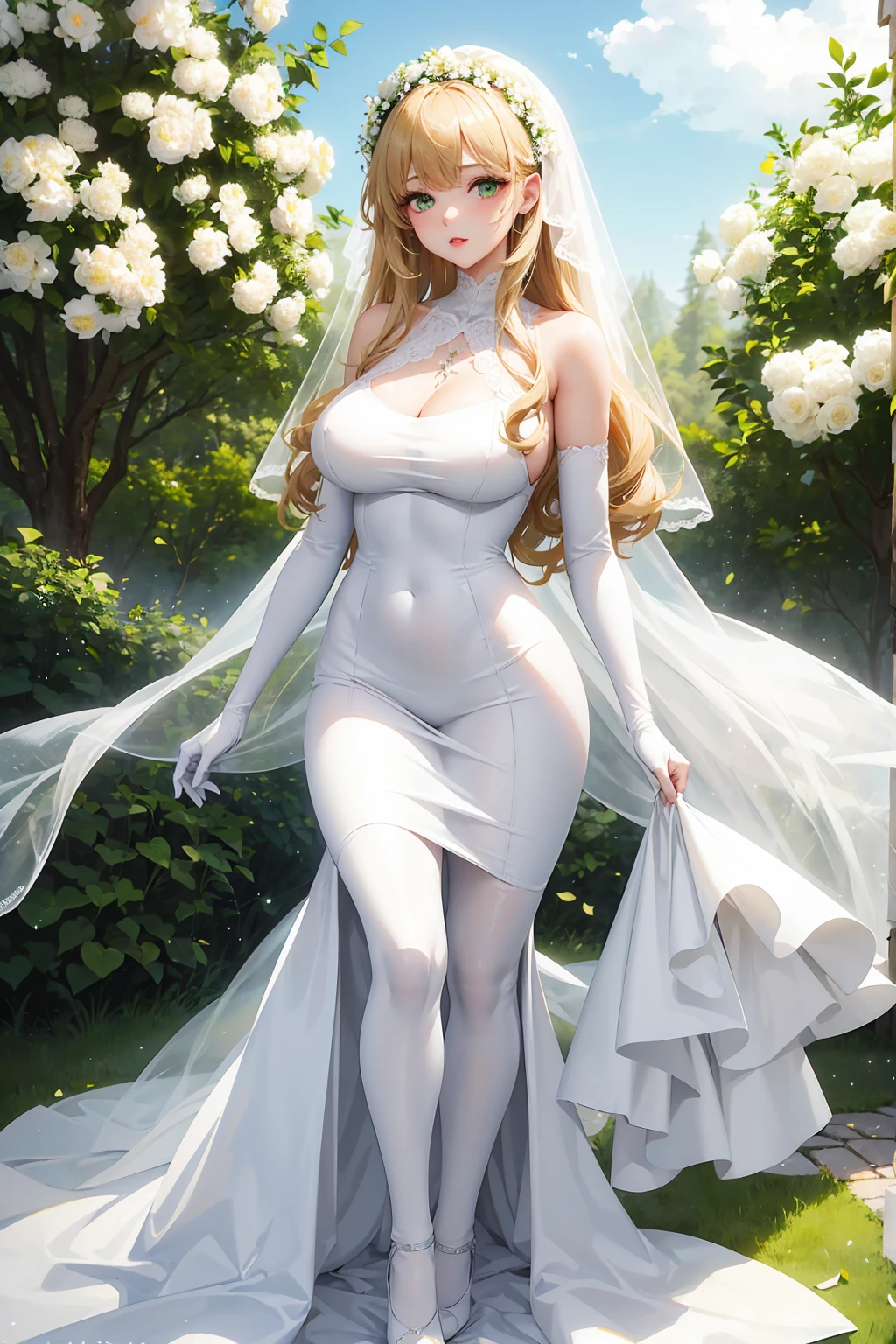 1girl “"Giant breasts" + "large rear" + "wide hips" + " tiny waist" + "plump thighs" + "green eyes" + "Black eyeliner" + "Longcurly blonde Hair" + "Red Lips" + "Lucious Lips"”)}, {“Outfit”: White wedding dress, white daffodils flower bouquet, white gloves, white shoes, white sheer veil, Background of white and yellow flowers with green trees, Diamond necklace, Bouquet of flowers, Fluffy and long wedding dress