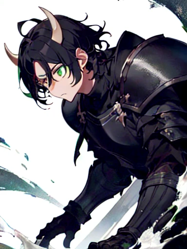 A boy has black hair that is a little light and messy., with bangs that fall slightly over his forehead. His green eyes are penetrating. He wears black armor with gray details., which accentuates his athletic and robust build. He has dark black horns.