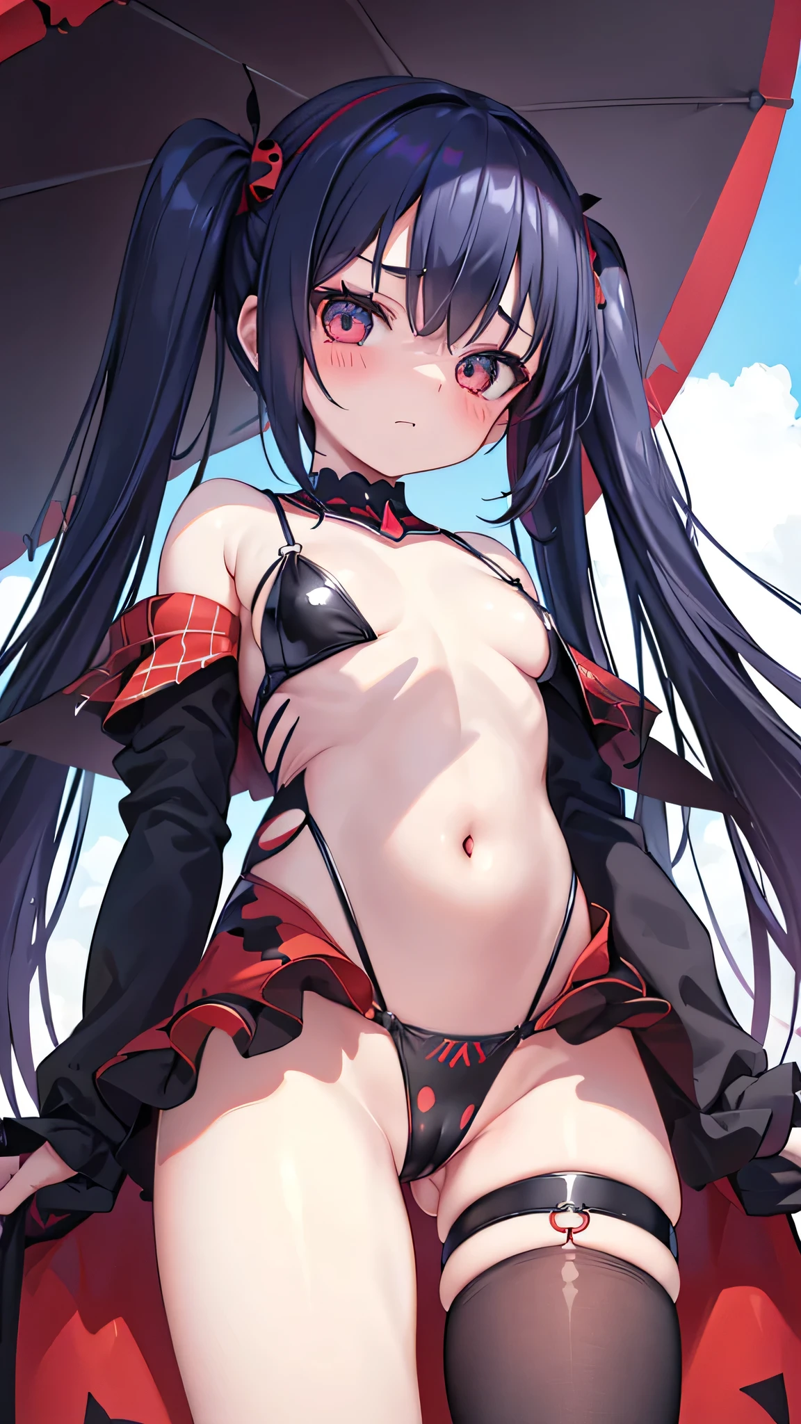 Ladybug and Cat Noir、1girl, Tall、(Angle from below:1.7), Embarrassed expression, (Red full-length suit)、(The chest is torn)、(torn abdomen)、(Hip part is torn)、(The legs are torn)、Black polka dots、The face is exposed、The shape of the chest is clearly visible、D-cup breasts、(covered nipples), (Covered navel)、cameltoe, Raising legs、Red and black polka dot eye mask、Twin tails、Dark Blue Hair、Slender、 girl、Ladybug, ((close up crotch)), ((Caught in a spider's web)), Spider web、