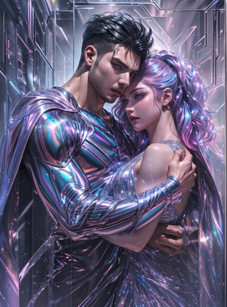 (mid_shot:1.3),(1 male:1.2),(muscle man:1.1),(frontal illumination:1.2),with a silver body and glitterati with lights above,extreme iridescent reflection,in the style of vray tracing,vibrantmanga,shiny/ glossy,rococo pastel,fluid form,tinycore,fluid impressions,vray,machine aesthetics,yanjun cheng,silver,shiny eyes,fluidform.,the young warrior,male characteristics,