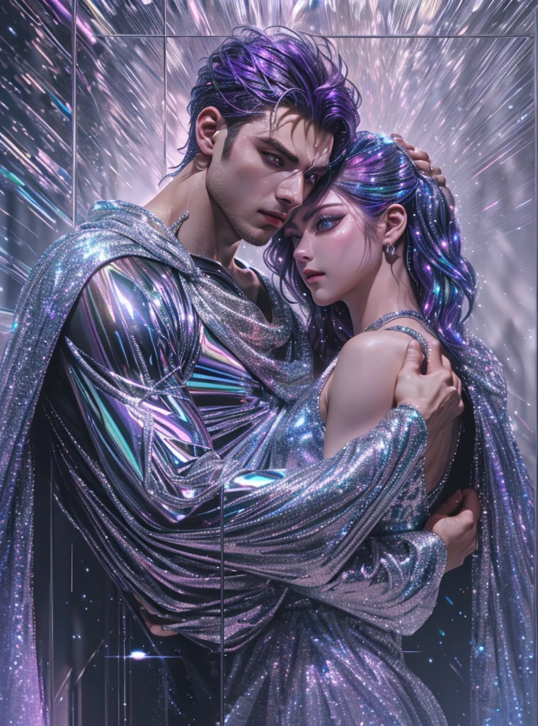 (mid_shot:1.3),(1 male:1.2),(muscle man:1.1),(frontal illumination:1.2),with a silver body and glitterati with lights above,extreme iridescent reflection,in the style of vray tracing,vibrantmanga,shiny/ glossy,rococo pastel,fluid form,tinycore,fluid impressions,vray,machine aesthetics,yanjun cheng,silver,shiny eyes,fluidform.,the young warrior,male characteristics,
