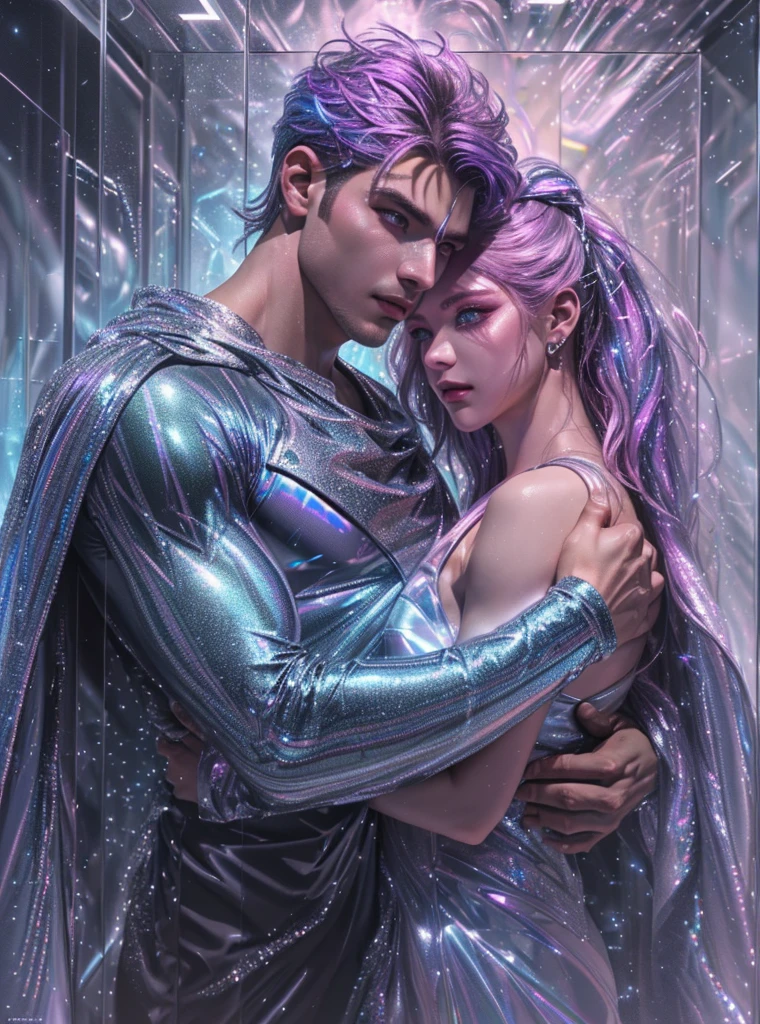 (mid_shot:1.3),(1 male:1.2),(muscle man:1.1),(frontal illumination:1.2),with a silver body and glitterati with lights above,extreme iridescent reflection,in the style of vray tracing,vibrantmanga,shiny/ glossy,rococo pastel,fluid form,tinycore,fluid impressions,vray,machine aesthetics,yanjun cheng,silver,shiny eyes,fluidform.,the young warrior,male characteristics,