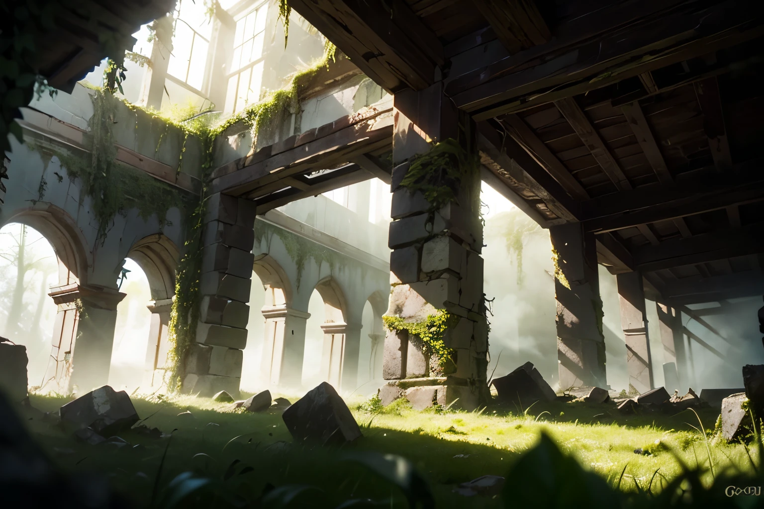 detailed ancient small mountain village in ruins, abandoned,crumbling stone buildings,overgrown with moss and vines,sunlight peeking through clouds,atmospheric fog,detailed textures,dramatic lighting,moody tones,rich colors,cinematic composition,intricate details,photorealistic,8K,masterpiece, sharp focus for the entire image