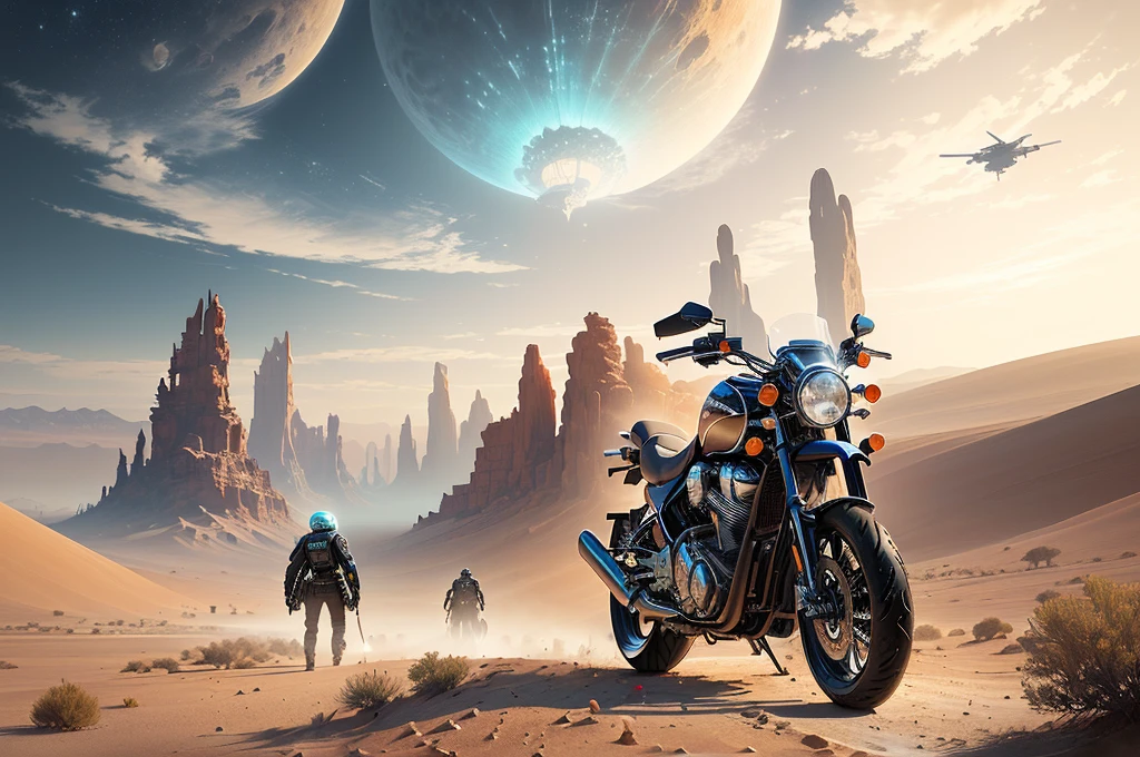 ((There is a broken motorcycle lying in the desert,1.8)) , Epic fantasy science fiction illustration, Sci-fi epic digital art, science fiction artwork, Award-winning science fiction art, Sci-fi digital art illustration, Beautiful sci-fi art, 史詩science fiction fantasy art, Science fiction artwork, Avant-garde adventure science fiction, science fiction artwork, science fiction fantasy art