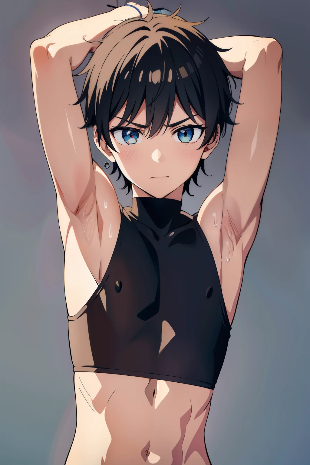 Highres, Masterpiece, Best quality at best,Best Quality,hight quality, hight detailed, Anime style, age 12, 1boy, Boy, Shota, Solo person, young boy, upper body, slim body, Sleeveless shirt, bare shoulder, grey background, (Showing armpit:1.3), Give me a picture of the armpit of a young boy, the armpit looks clean and smells good, the armpit is very beautiful, the boy is teasing using his armpit, shine closer to the armpit, Cute armpit, Sexy armpit, seductive armpits, Such a cute smooth armpit, The armpits of a 12 year old boy, Adorable little armpits, Give me a proportional picture of a 12 year old boy's armpits, (very young boy), (Very small and short body), uhd, bokeh