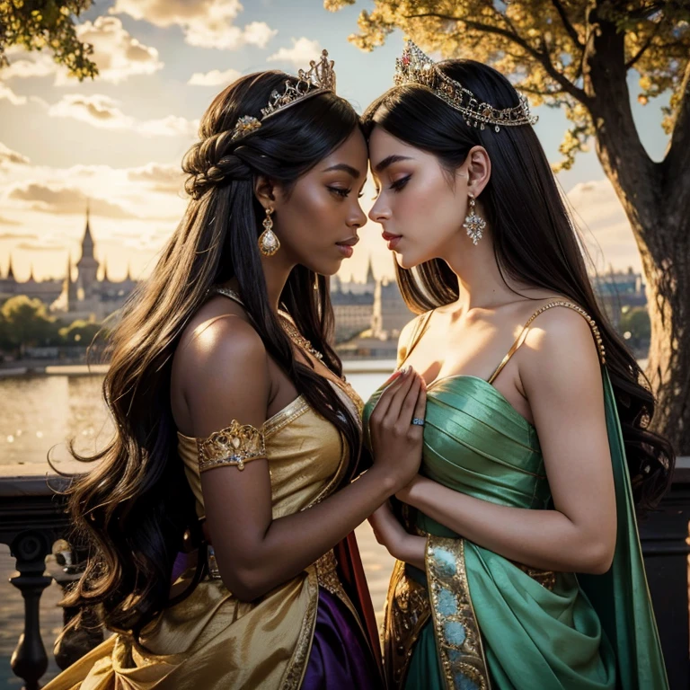 (masterpiece, best quality:1.5), highest quality, High resolution, super detailed, Realists, Upper body photo of the black princess, dark skin, detailed and beautiful eyes, beautiful detailed lips, very detailed eyes and face, longeyelashes, Princess in royal dress, Beautiful and colorful makeup, elegant and noble々Pose,shiny crown and jewels, Royal gardens as background, soft daylight, bright colors, fine brushstrokes, Portrait style, Noble details in the dress fabric, beautiful color palette, glowing skin, First-class rendering, that captures every detail, enchanting atmosphere, subtle shadows and lights, (perfect anatomy:1.2), (Two stunning princesses are deeply in love:1.4), (kiss:1.2), (magnificent panorama view:1.2)