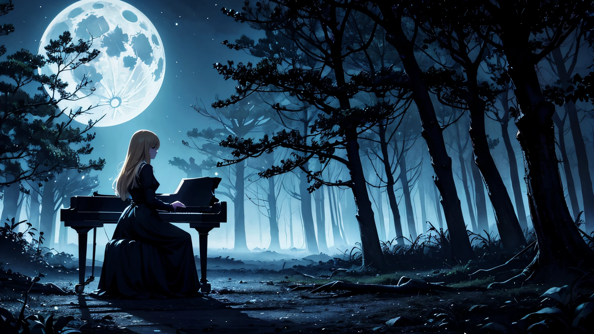 A blonde girl with blue eyes playing the piano in a shadowy forest under a full moon. She is wearing an old-fashioned dress that adds to the mysterious and haunting mood of the setting. The full moon is prominently highlighted, casting an eerie glow over the forest. The trees around her are tall and foreboding, with twisted branches and shadows that create a sense of unease. Anime-style image with vibrant colors but a dark, eerie atmosphere. The overall ambiance should be dark and somewhat frightening, contrasting with the vivid colors and the ethereal beauty of the girl and her surroundings.