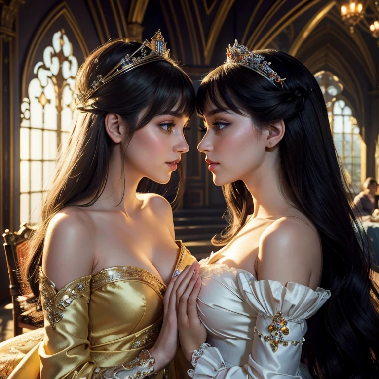 (masterpiece, best quality:1.5), highest quality, High resolution, super detailed, Realists, Upper body photo of the princess, dark, high, detailed and beautiful eyes, beautiful detailed lips, very detailed eyes and face, longeyelashes, Princess in royal dress, Beautiful and colorful makeup, elegant and noble々Pose,shiny crown and jewels, Royal gardens as background, soft daylight, bright colors, fine brushstrokes, Portrait style, Noble details in the dress fabric, beautiful color palette, leuchtende high, First-class rendering, that captures every detail, enchanting atmosphere, subtle shadows and lights, (perfect anatomy:1.2), (Two stunning princesses are deeply in love:1.4), (kiss:1.2), (magnificent panorama view:1.2)