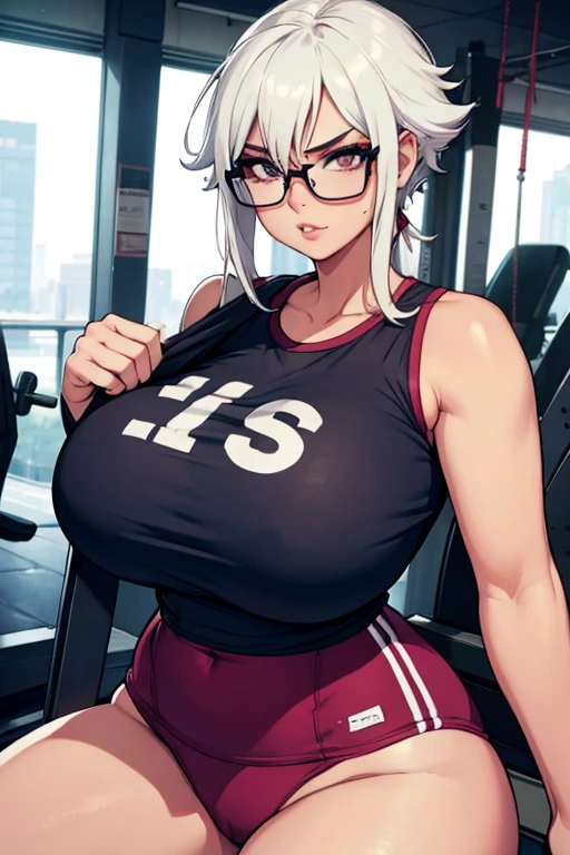 big breasted woman in gym clothes in a sexy pose with white hair wearing glasses in a medium shot