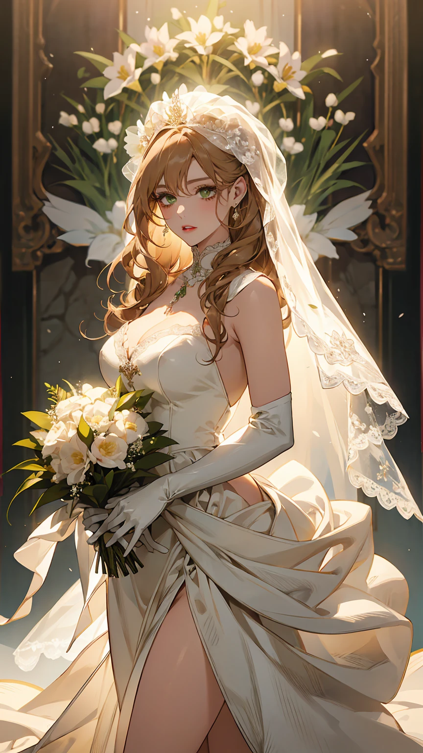 1girl “"Giant breasts" + "large rear" + "wide hips" + " tiny waist" + "plump thighs" + "green eyes" + "Black eyeliner" + "Longcurly blonde Hair" + "Red Lips" + "Lucious Lips"”)}, {“Outfit”: White wedding dress, white daffodils flower bouquet, white gloves, white shoes, white sheer veil, Background of white and yellow flowers with green trees, Diamond necklace, Bouquet of flowers, Fluffy and long wedding dress