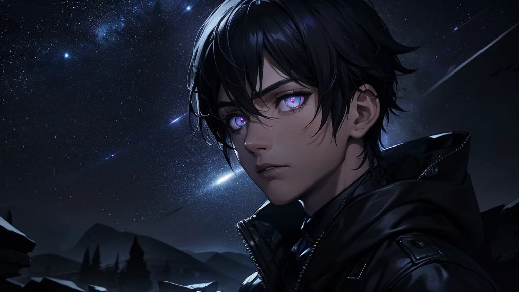 an emo goth boy looking at a starry night sky, highly detailed face and eyes with glow, moody atmosphere, dark colors, dramatic lighting, cinematic composition, digital art, concept art, hyper realistic, photorealistic, 8k, best quality, masterpiece
