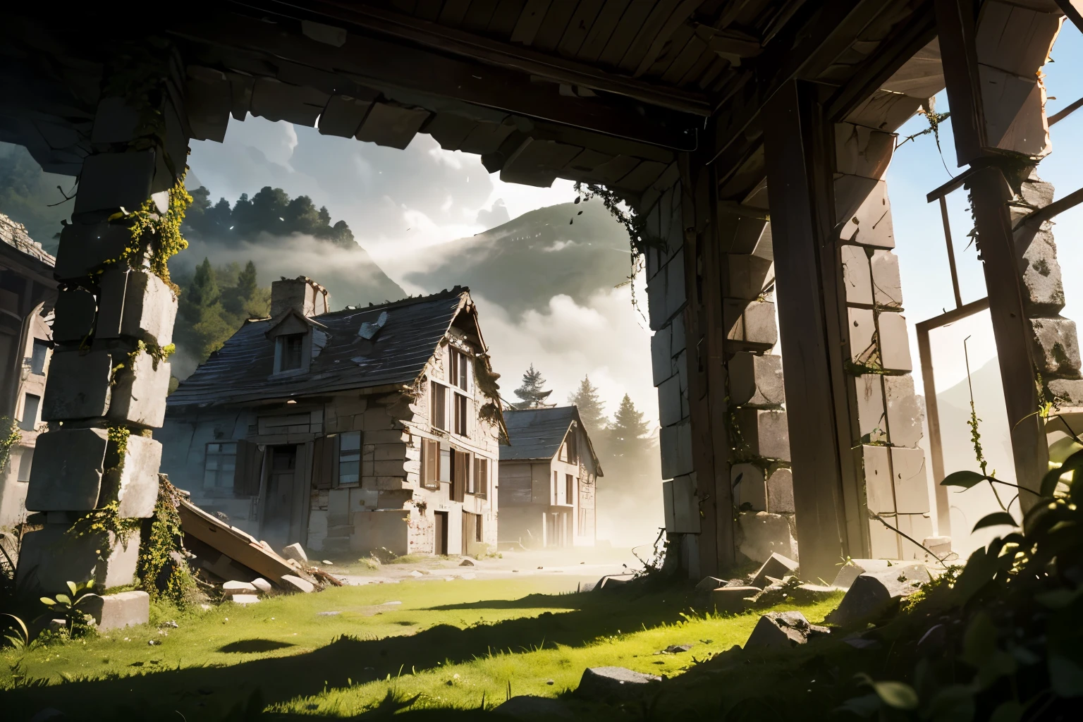 detailed ancient small mountain village in ruins, abandoned,crumbling stone buildings,overgrown with moss and vines,sunlight peeking through clouds,atmospheric fog,detailed textures,dramatic lighting,moody tones,rich colors,cinematic composition,intricate details,photorealistic,8K,masterpiece, sharp focus for the entire image