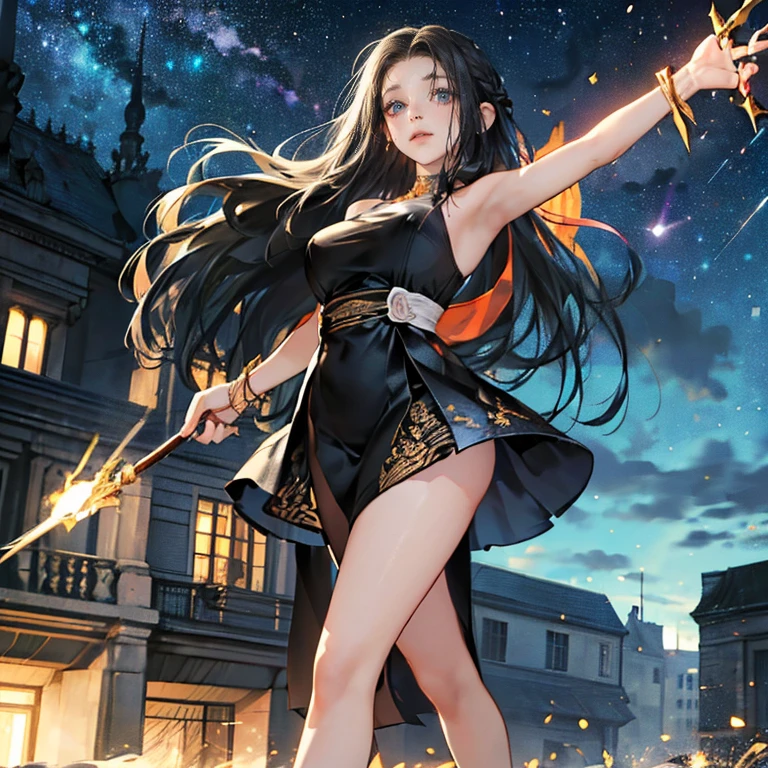 (Highest quality, 8k, masterpiece:1.3,beautiful girl), (masterpiece:1.3, Highest quality, Ultra-high resolution, Very detailed),Beautiful body, Beautiful breasts, Beautiful thighs, Beautiful feet, Beautiful fingers, Glowing Skin,(((Long Hair,Black Hair,Beautiful Hair))),(Perfect Anatomy, Anatomically correct, Very detailed肌), Cute and symmetrical face, Perfect Face, Perfect Eyes, ((Perfect Fingers, Five Fingers)), (((whole body,Draw the whole thing)))((Two Arms,Two legs)),Large Breasts,(((Wizard,Black Dress,Big walking stick))),A starry sky,crowd