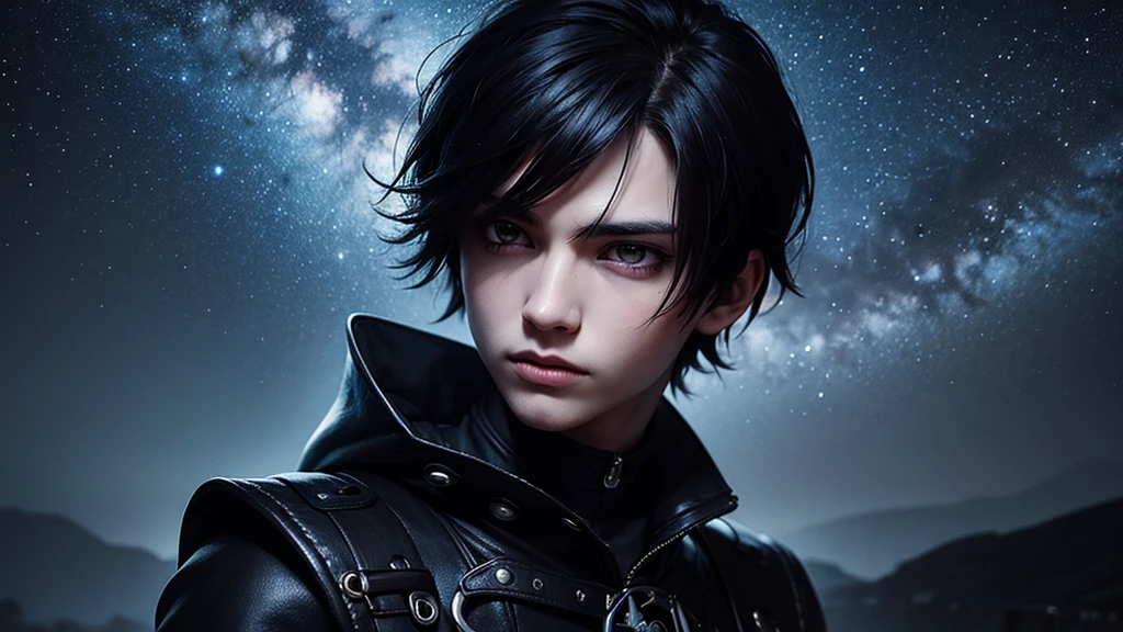 an emo goth boy looking at a starry night sky, highly detailed face and eyes with glow, moody atmosphere, dark colors, dramatic lighting, cinematic composition, digital art, concept art, hyper realistic, photorealistic, 8k, best quality, masterpiece