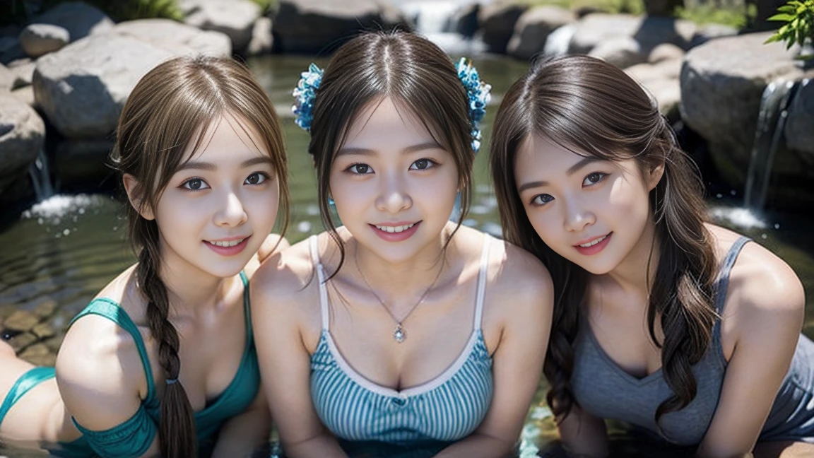 ( 3 girls),smile、Look into the camera、diamond necklace、Heart braids, random colored tank top、The material is smooth and flexible..、revealing upper arms、Blue-green striped knee-length socks Extra long double tail feathers、close range shooting、Flower Hair Ornaments、Close your eyes、Garter、 Masterpiece, Highest quality, 8ก, beautiful girl, young face、 photography, Cute face, thigh,In the waterfall,、รอยsmile、small waist, blue eyes(((The chest is erect..:1.0)))(((round chest:1.0)))(((big breasts:1.1)))