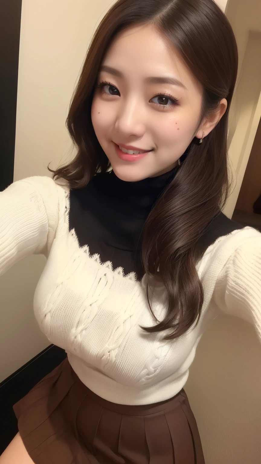 (((Selfie:1.3)))、Wearing a white mask、Indoors at night、、Dark room、Japanese woman wearing a black turtleneck sweater、 ((Short sleeve sweater))), ((highest quality)), ((intricate details)), (((超Realistic)), absurd solution, law of near and far, very detailed, realistic, 1 girl, ((big breasts)), perfect hands, finger details, beautiful and fine eyes, ponytail, brown eyes, Tight Skirt, detailed background, , perfect eyes, enchanting eyes, look at the camera, from the front、laughter、Mole around the mouth、Knitted One Piece Skirt、thighs、whole body