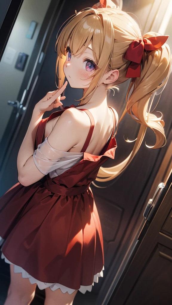 (Complete limbs)(Full Finger)(High resolution), (Very detailed)((masterpiece))((Highest quality))、Back view、I can see the back of my head、blush、Flat Chest、thin、blush、Are standing、Eye height on face(Blonde)、Ahoge、Red dress、Twin tails、No clothes hanging on my shoulders、、 Off the shoulder、Sleeveless