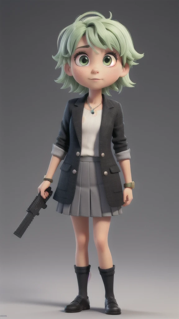 ### Character Description:

- **Hair:**
  - Short, mint green hair.

  - Bangs covering the forehead.

- **eyes:**
  - Large, expressive yellow eyes.
  - Determined expression.

- **Facial Features:**
  - Light skin tone.
  - Small nose.
  - Thin, neutral lips.

- **Outfit:**
  - Gray blazer with black trim on the lapels, cuffs, and hem.
  - Under the blazer, a white dress shirt with a black tie.
  - Gray pleated mini skirt with black trim at the hem.
  - Knee-high black socks.
  - Black loafers.

- **Accessories:**
  - Holding a black handgun with both hands, arms extended forward.

- **Pose:**
  - Standing with legs slightly apart for balance.
  - Arms extended forward, holding the hand gun in a steady, determined manner.
  - Upright posture, indicating readiness and focus.

- **Overall Appearance:**
  - The character exudes a sense of determination and focus.
  - The attire and pose suggest discipline and readiness for action.
  - The combination of the  and the weapon gives a contrasting yet striking look.

Simple Background, High resolution, Anatomically correct, solo,One girl, The color of the clothes is light gray
