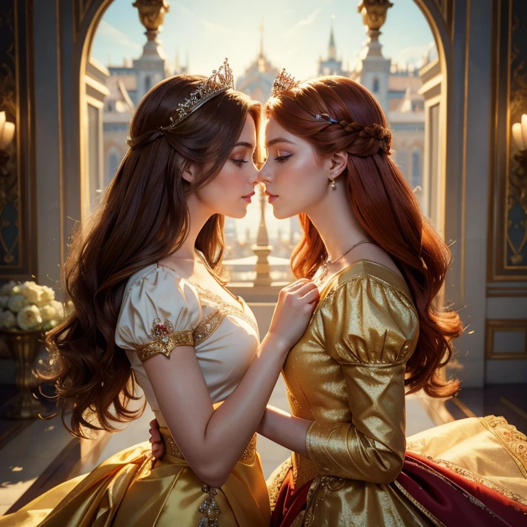 (masterpiece, best quality:1.5), highest quality, High resolution, super detailed, Realists, Upper body photo of the red-haired princess, detailed and beautiful eyes, beautiful detailed lips, very detailed eyes and face, longeyelashes, Princess in royal dress, Beautiful and colorful makeup, elegant and noble々Pose,shiny crown and jewels, Royal gardens as background, soft daylight, bright colors, fine brushstrokes, Portrait style, Noble details in the dress fabric, beautiful color palette, glowing skin, First-class rendering, that captures every detail, enchanting atmosphere, subtle shadows and lights, (perfect anatomy:1.2), (Two stunning princesses are deeply in love:1.4), (kiss:1.2), (magnificent panorama view:1.2)