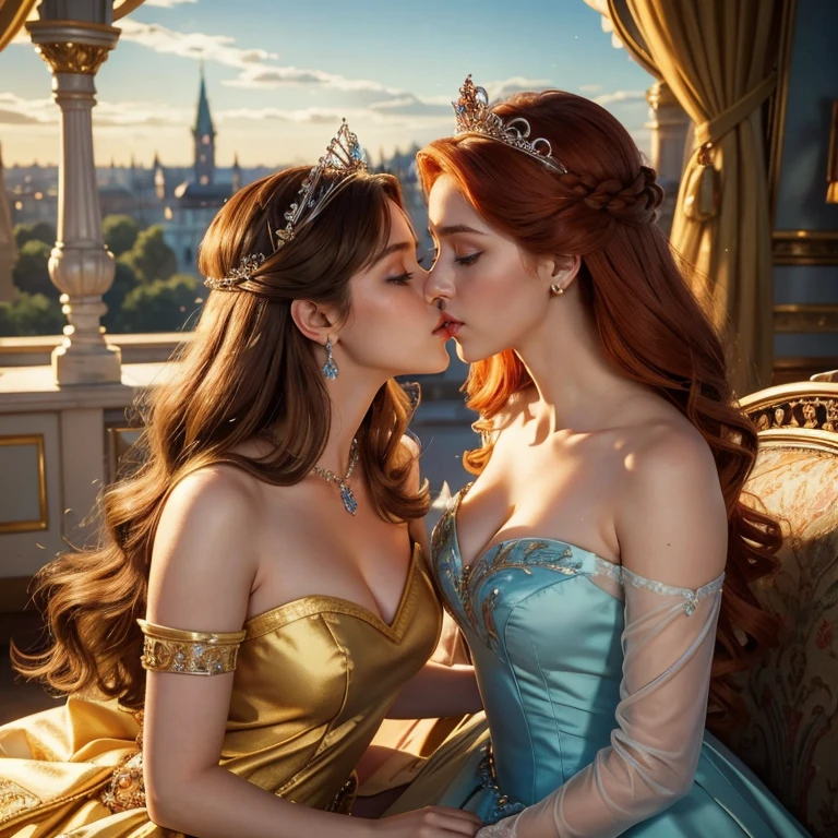 (masterpiece, best quality:1.5), highest quality, High resolution, super detailed, Realists, Upper body photo of the red-haired princess, detailed and beautiful eyes, beautiful detailed lips, very detailed eyes and face, longeyelashes, Princess in royal dress, Beautiful and colorful makeup, elegant and noble々Pose,shiny crown and jewels, Royal gardens as background, soft daylight, bright colors, fine brushstrokes, Portrait style, Noble details in the dress fabric, beautiful color palette, glowing skin, First-class rendering, that captures every detail, enchanting atmosphere, subtle shadows and lights, (perfect anatomy:1.2), (Two stunning princesses are deeply in love:1.4), (kiss:1.2), (magnificent panorama view:1.2)
