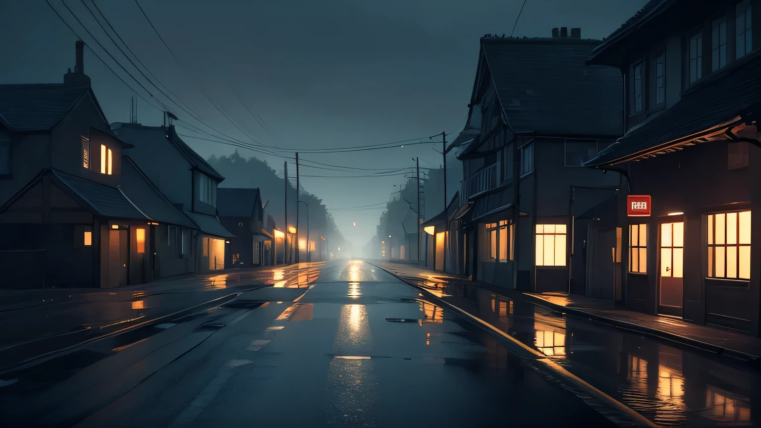 view down an empty road in england, everywhere is empty, no humans or cars. The setting has a raining and wet depressing atmosphere, with soft lighting casting a gentle glow on the surroundings. anime style