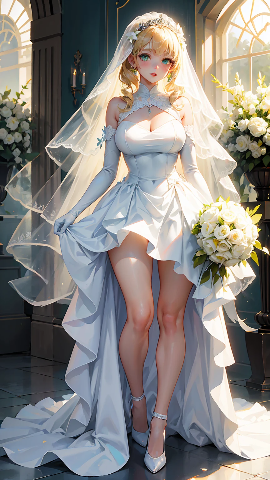 1girl “"Giant breasts" + "large rear" + "wide hips" + " tiny waist" + "plump thighs" + "green eyes" + "Black eyeliner" + "Longcurly blonde Hair" + "Red Lips" + "Lucious Lips"”)}, {“Outfit”: White wedding dress, white daffodils flower bouquet, white gloves, white shoes, white sheer veil, Background of white and yellow flowers with green trees, Diamond necklace, Bouquet of flowers, Fluffy and long wedding dress