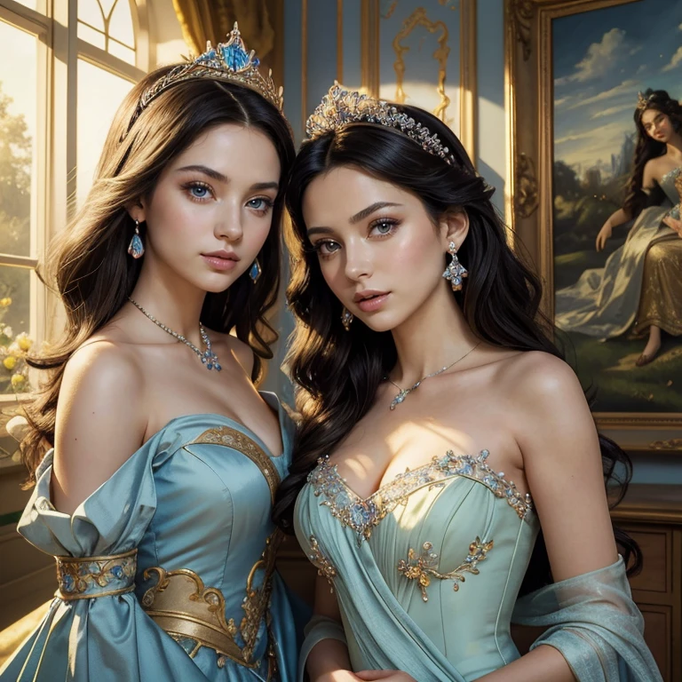 (​masterpiece, best quality:1.5), highest quality, High resolution, super detailed, Realists, Upper body photo of the princess, black hair, detailed and beautiful eyes, beautiful detailed lips, very detailed eyes and face, longeyelashes, Princess in blue royal dress, Beautiful and colorful makeup, elegant and noble々Pose,shiny crown and jewels, Royal gardens as background, soft daylight, bright colors, fine brushstrokes, Portrait style, Noble details in the dress fabric, beautiful color palette, glowing skin, First-class rendering, that captures every detail, enchanting atmosphere, subtle shadows and lights, (perfect anatomy:1.2), (Two stunning princesses look flirtatious:1.4).