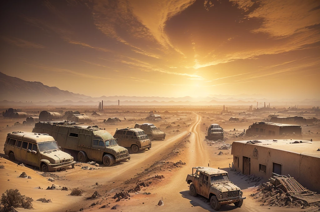 There are many vehicles and boats in the desert, post apocalyptic landscape, apocalyptic landscape, Post-apocalyptic hellscape, Post-apocalyptic wasteland, doomsday landscape, post apocalyptic scene, Post-apocalyptic atmosphere, 3D rendering and matte painting, "Matte Painting", post apocalyptic world, "Matte Painting", Post-apocalyptic wasteland, Realistic apocalyptic war scenario, Surreal matte painting
