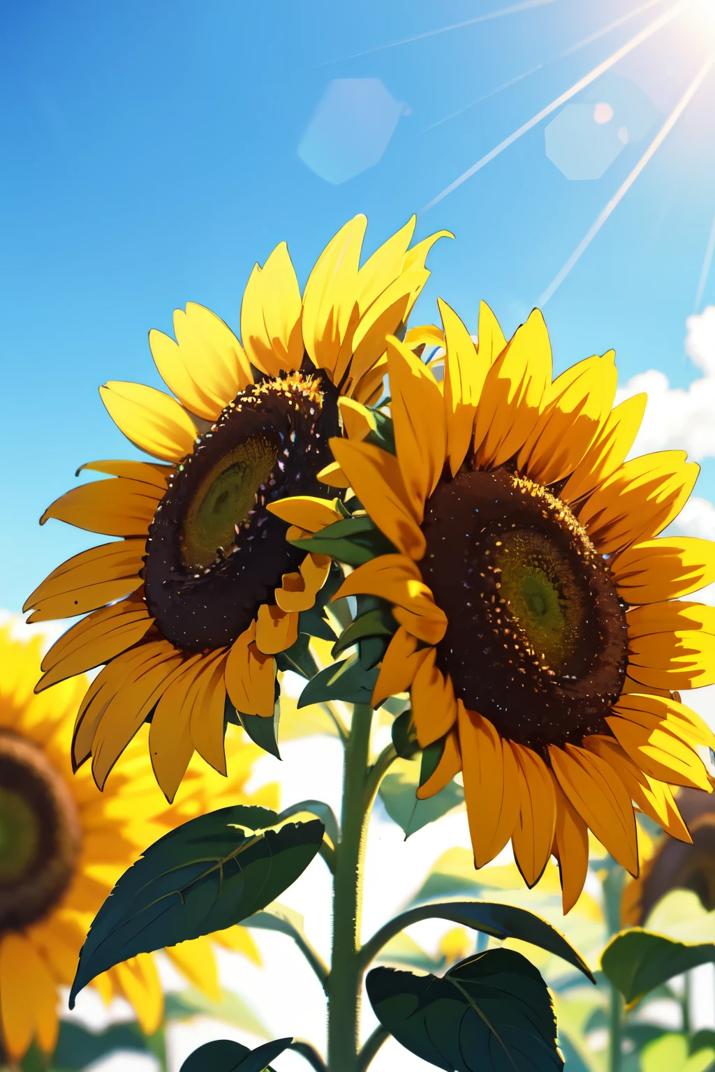 Create a vibrant background that captures the warmth of summer. Incorporate elements such as bright sunflowers, lush green foliage, and a clear blue sky. Add a touch of golden sunlight to evoke the feeling of long, sunny days and a sense of anticipation for the approaching fall season.".
