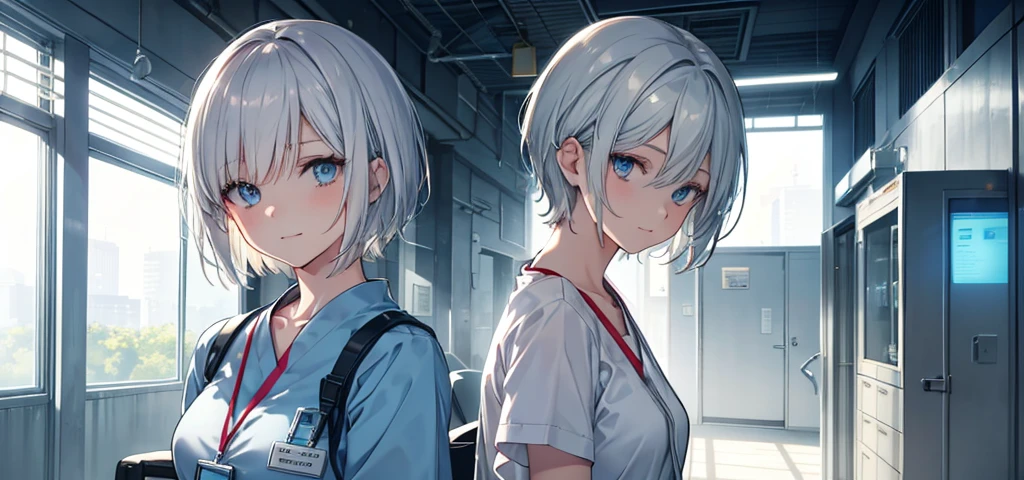 Please create an anime-style illustration of a young nurse. She has short silver hair in a short cut with a slight wave. She has large, expressive blue eyes and a gentle yet serious expression. She is wearing light blue or white scrubs with a name tag. She is standing in a brightly lit hospital corridor, with plants and medical equipment in the background. The lighting is soft, casting gentle shadows to enhance the atmosphere. She is smiling.