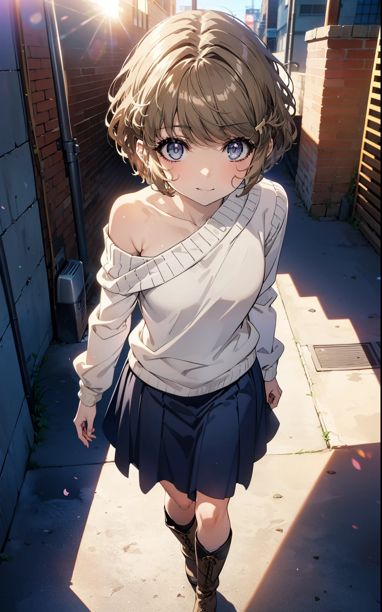 tomoekoga, Chie Koga, short hair, Brown Hair, blue eyes, Hair Clip,smile,One-shoulder sweater,Long skirt,short boots,Walking,morning,morning陽,The sun is rising,whole bodyがイラストに入るように,
break outdoors, Building district,
break looking at viewer, whole body,
break (masterpiece:1.2), Highest quality, High resolution, unity 8k wallpaper, (figure:0.8), (Beautiful attention to detail:1.6), Highly detailed face, Perfect lighting, Highly detailed CG, (Perfect hands, Perfect Anatomy),