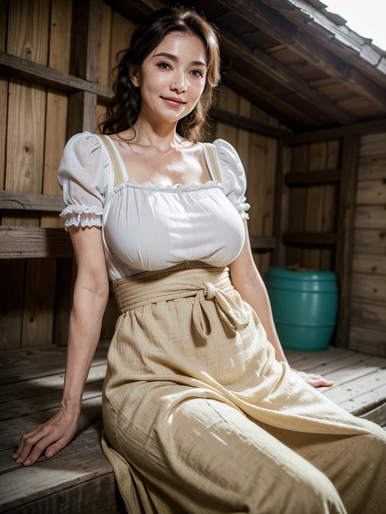 (masterpiece:1.4),(Beautiful 60 year old woman:1.5),(Facial wrinkles : 1.2),(traditional dirndl : 1.2), (plump body : 1), white skin, pores, skin blemishes, dull skin, gentle smile, wavy hair, large saggy breasts, (hanging breasts), limp breasts, soft breasts, flabby breasts, flexible breasts, necklace, bracelet, earrings, in a shed, detailed backgrounds,