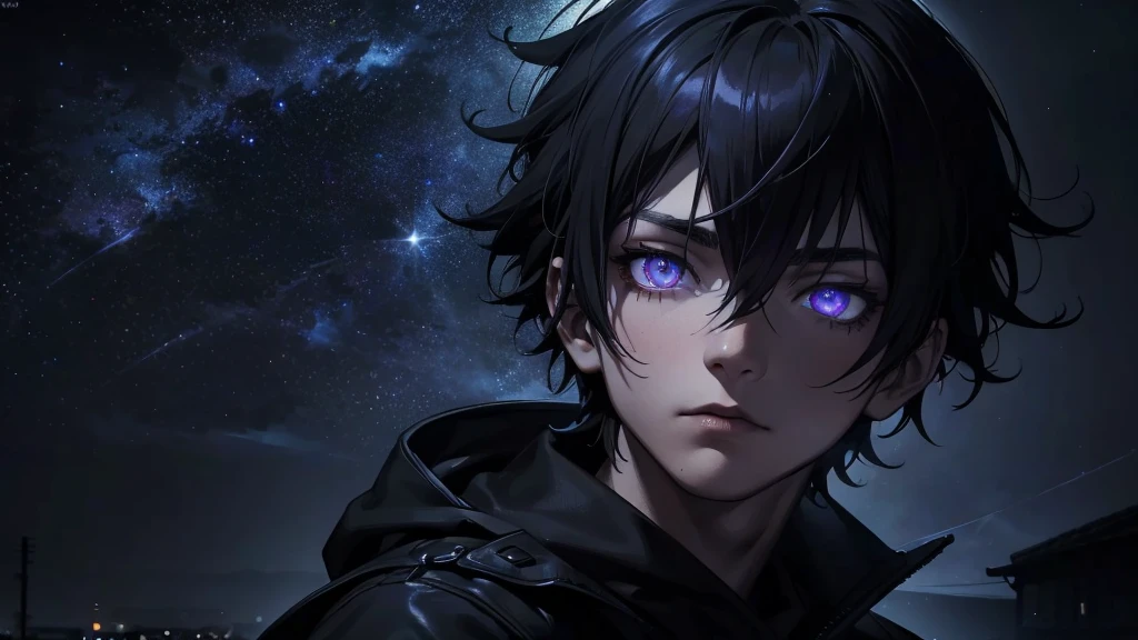 an emo goth boy looking at a starry night sky, highly detailed face and eyes with glow, moody atmosphere, dark colors, dramatic lighting, cinematic composition, digital art, concept art, hyper realistic, photorealistic, 8k, best quality, masterpiece