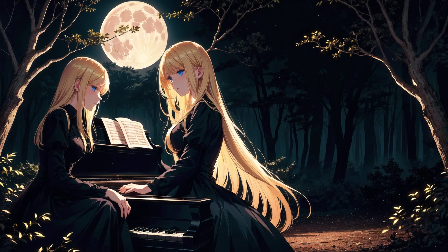 A blonde girl with blue eyes playing the piano in a shadowy forest under a full moon. She is wearing an old-fashioned black dress that adds to the mysterious and haunting mood of the setting. The full moon is prominently highlighted, casting an eerie glow over the forest. The trees around her are tall and foreboding, with twisted branches and shadows that create a sense of unease. The overall ambiance should be dark and somewhat frightening, contrasting with the vivid colors and the ethereal beauty of the girl and her surroundings.