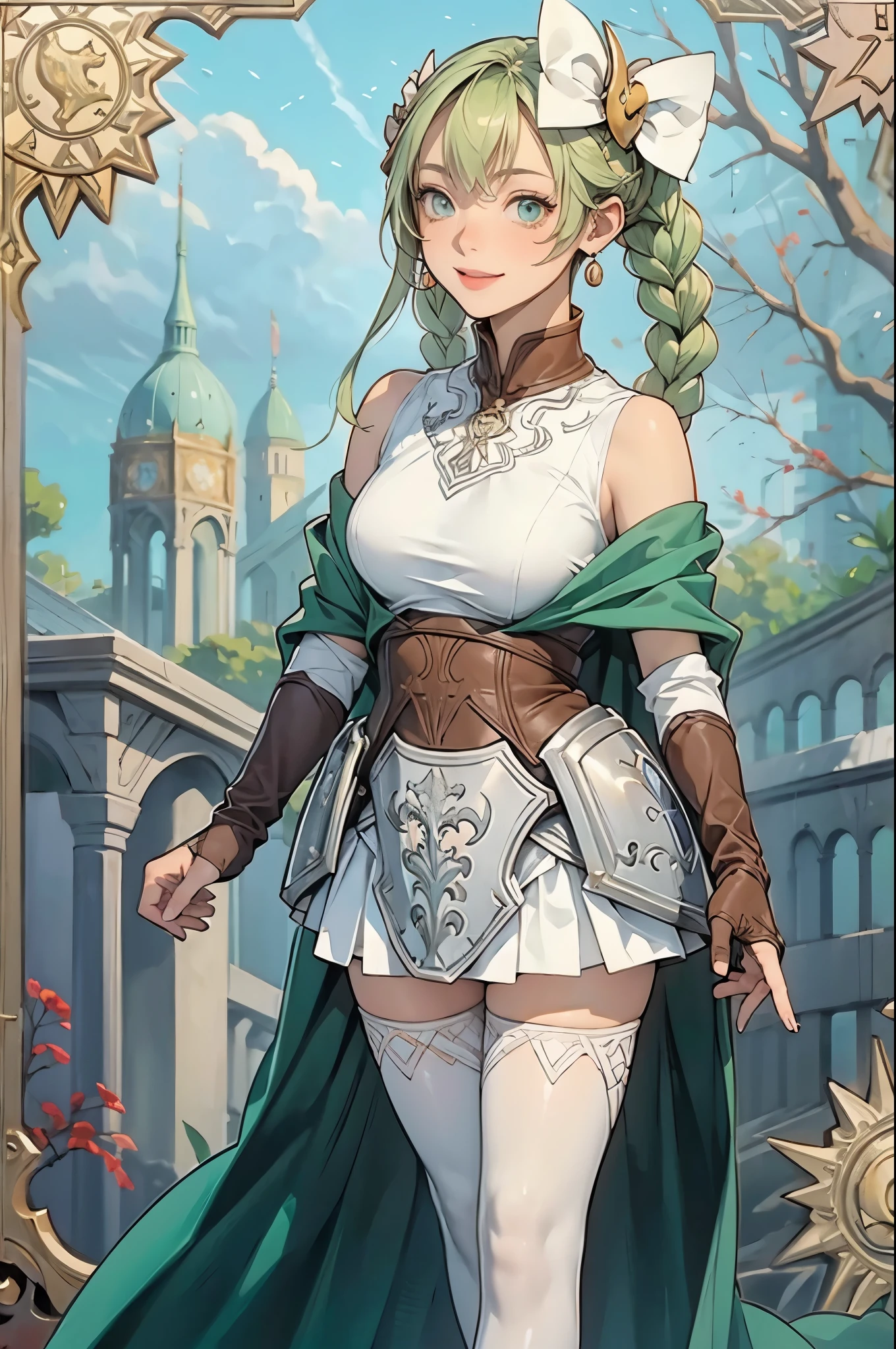 perfect eyes:1.2, detailed eyes:1.4, Ikelos, white thighhighs, smile, gloves, bare shoulders, sleeveless, elbow gloves, fingerless gloves, bridal gauntlets, brown gloves, armor, pleated skirt, long hair, hair ornament, green eyes, sidelocks, jewelry, earrings, green hair, hair bow, hair between eyes, braid, up, twin braids, white bow, 1girl, medium full shot, thigh-level shot, (masterpiece:1.6, best quality),