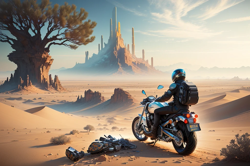 ((There is a broken motorcycle lying in the desert,1.8)) , Epic fantasy science fiction illustration, Sci-fi epic digital art, science fiction artwork, Award-winning science fiction art, Sci-fi digital art illustration, Beautiful sci-fi art, 史詩science fiction fantasy art, Science fiction artwork, Avant-garde adventure science fiction, science fiction artwork, science fiction fantasy art