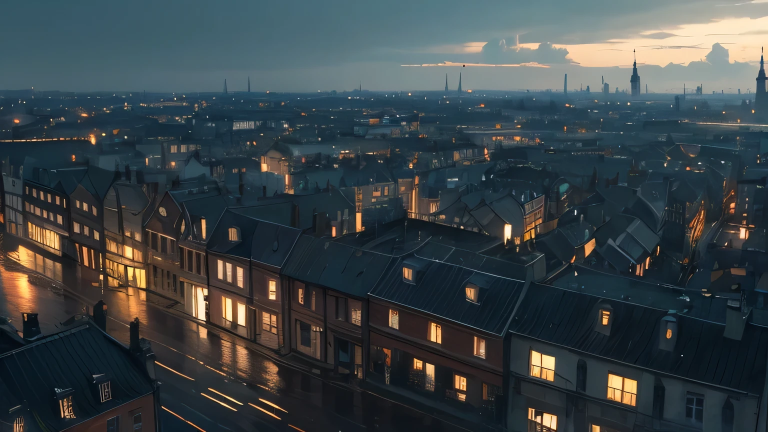 birds eye view of town in england, everywhere is empty, no humans or cars. The setting has a raining and wet depressing atmosphere, with soft lighting casting a gentle glow on the surroundings. anime style
