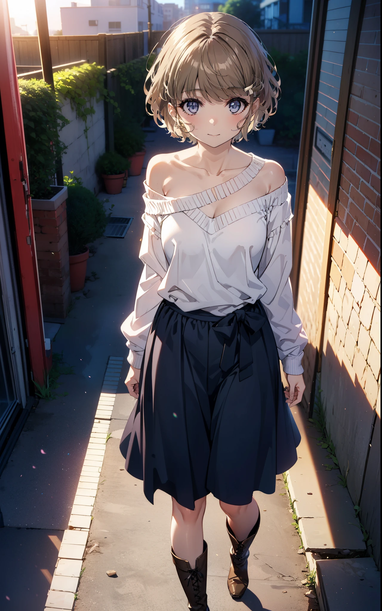 tomoekoga, Chie Koga, short hair, Brown Hair, blue eyes, Hair Clip,smile,One-shoulder sweater,Long skirt,short boots,Walking,morning,morning陽,The sun is rising,whole bodyがイラストに入るように,
break outdoors, Building district,
break looking at viewer, whole body,
break (masterpiece:1.2), Highest quality, High resolution, unity 8k wallpaper, (figure:0.8), (Beautiful attention to detail:1.6), Highly detailed face, Perfect lighting, Highly detailed CG, (Perfect hands, Perfect Anatomy),