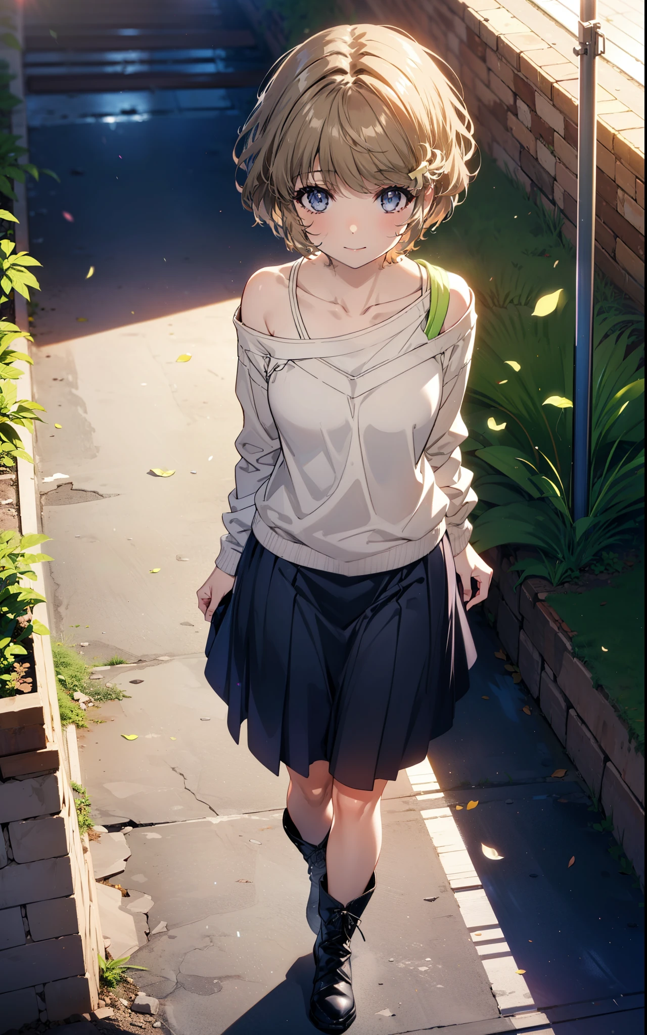 tomoekoga, Chie Koga, short hair, Brown Hair, blue eyes, Hair Clip,smile,One-shoulder sweater,Long skirt,short boots,Walking,morning,morning陽,The sun is rising,whole bodyがイラストに入るように,
break outdoors, Building district,
break looking at viewer, whole body,
break (masterpiece:1.2), Highest quality, High resolution, unity 8k wallpaper, (figure:0.8), (Beautiful attention to detail:1.6), Highly detailed face, Perfect lighting, Highly detailed CG, (Perfect hands, Perfect Anatomy),