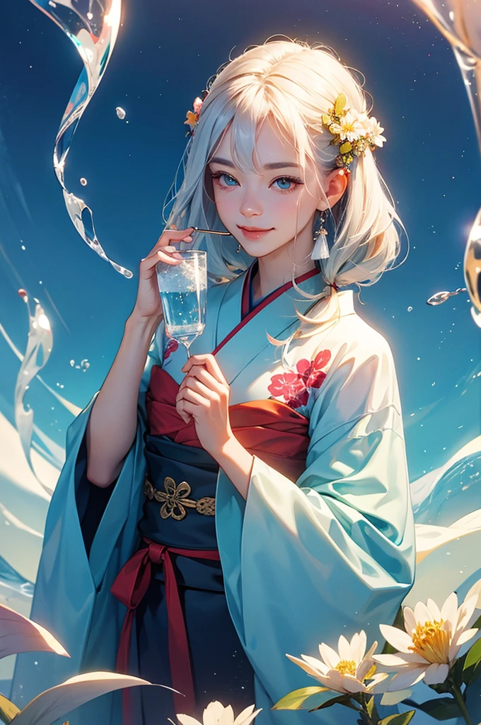 Smiling beautiful woman in a kimono holding a transparent glass of water close to her face