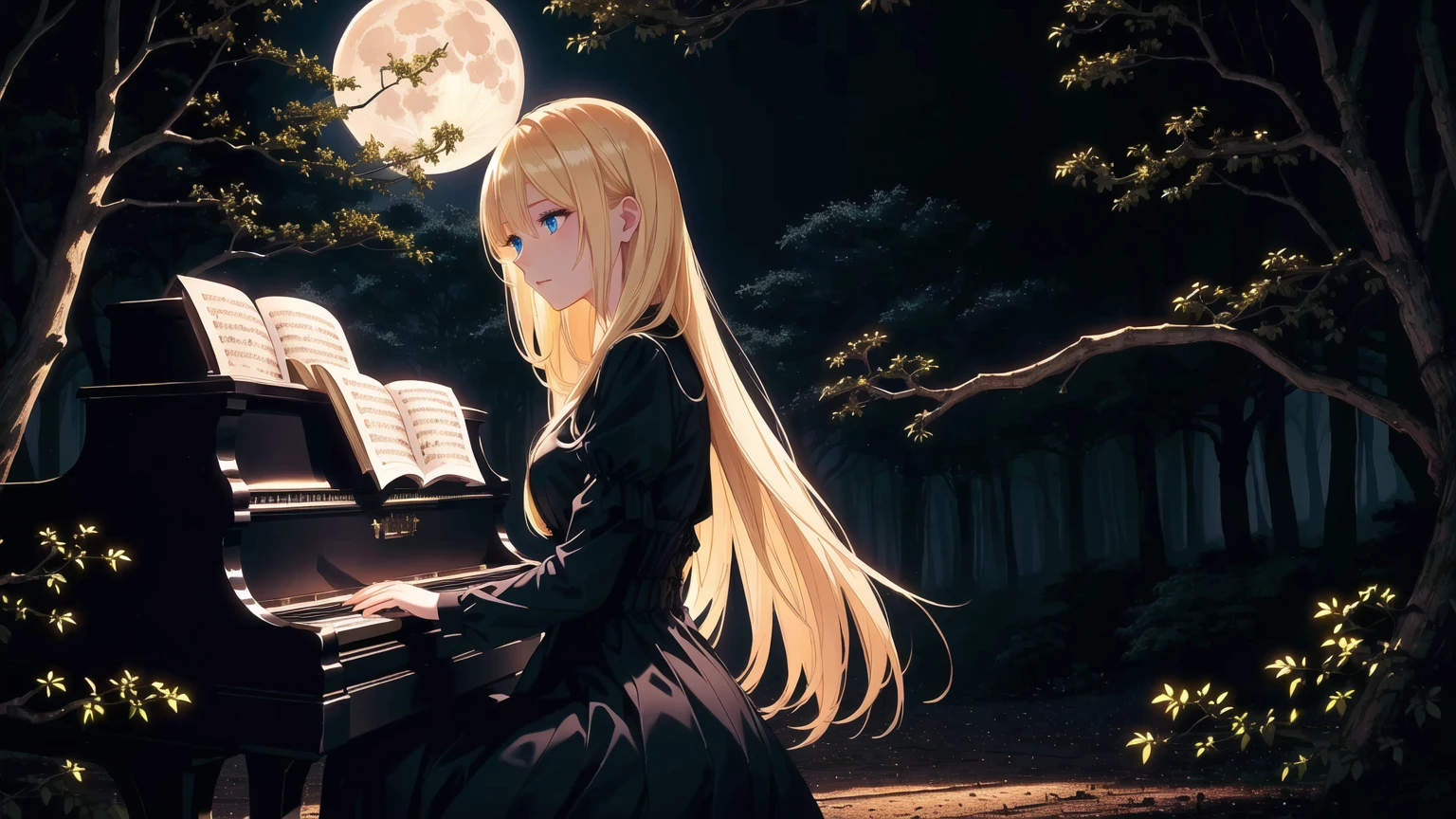 A blonde girl with blue eyes playing the piano in a shadowy forest under a full moon. She is wearing an old-fashioned black dress that adds to the mysterious and haunting mood of the setting. The full moon is prominently highlighted, casting an eerie glow over the forest. The trees around her are tall and foreboding, with twisted branches and shadows that create a sense of unease. The overall ambiance should be dark and somewhat frightening, contrasting with the vivid colors and the ethereal beauty of the girl and her surroundings.