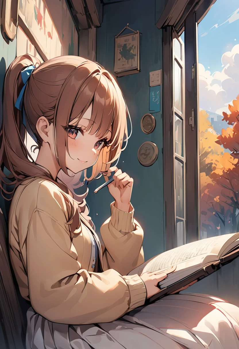 Highest quality、High resolution、Detailed Background、Beautiful face in every detail、Normal number of fingers、Highly detailed face、Detailed eyes、age beauty、Perfect body line、Brown Hair、Bobcut、ponytail、Long Hair、Wavy Hairstyle、Calm atmosphere、Rooms for single people、Outside the window, you can see trees with autumn leaves.、A girl reading her favorite novel while drinking hot tea、Smiling、cute